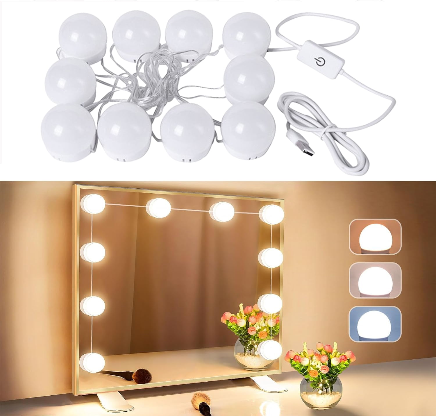 LED Vanity Lights For Mirror, Hollywood Style Vanity Lights With 10 Dimmable Bulbs Adjustable Color Brightness Mirror Stick Makeup Table Dressing Room No Included