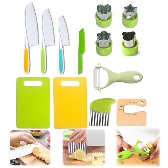 PandaTop Kids Knife Set for Real Cooking, 13 Pcs Kids Kitchen Knife Set, Toddler Cutting Board and Knife set for Gifts Toy for 3 4 5 6 7 8 9 10 Year Old Boys Girls Birthday Christmas