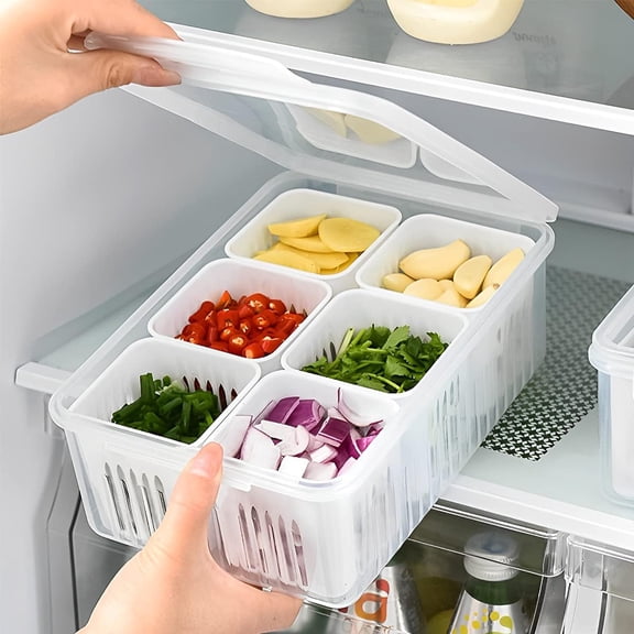 PandaTop Kitchen Scallion Storage Box,Fridge Fresh-Keeping Container with 6 Detachable Small Boxes,Reusable Refrigerator Fruit Food Fresh-Keeping Drain Box,Food Storage Containers with Lids Airtight