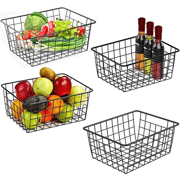 PandaTop Kitchen Wire Baskets, Farmhouse Decor Metal Food Storage Organizer, Wire Storage Freezer Baskets with Built-in Handles for Cabinets,Pantry Set of 4 (Large,Black)