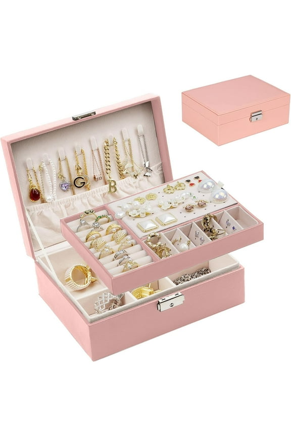 Pink Women Jewelry Storage Box for Necklace Earrings Ring Bracelet Jewellery Display Box with Lock 2 Layers Removable Tray Storage Box