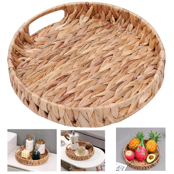 PandaTop Round Serving Trays with Handles for Breakfast, Hand Woven Tray Storage Baskets,Woven Coffee Table Tray Decorative for Kitchen and Home Natural (Medium 13 x 2.4inch)