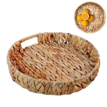 PandaTop Round Woven Serving Tray, 11x 2.4inch Decorative Display Tray Storage Platters with Handle, Natural Water Hyacinth Storage Baskets for coffer,Drink,Breakfast,Tea,Candle