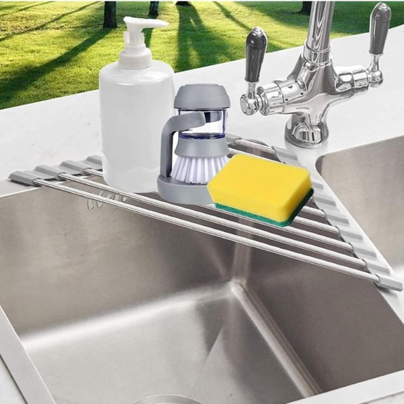 PandaTop Triangle Dish Drying Rack for Sink Corner Roll Up Dish Drying Rack,Kitchen Sink Caddy, Folding Stainless Steel Multipurpose Over The Sink Corner Dish Drainer Mat for Kitchen (Grey)