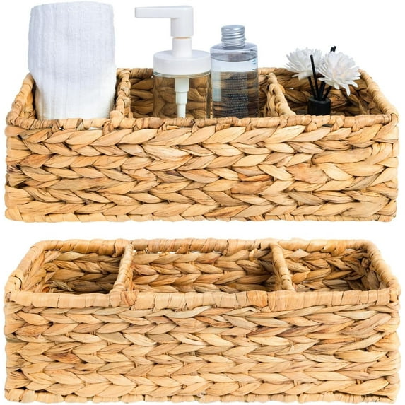 PandaTop Versatile Wicker Baskets Set of 2, 14.6x6inch Water Hyacinth Storage Baskets, Toilet Paper Basket for Toilet Tank Top,3-Section Woven Wicker Kitchen Organizers for Home- Natural