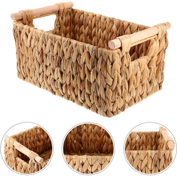 PandaTop Water Hyacinth Wicker Basket, Rectangular Wicker Baskets for Storage with Wooden Handles, Wicker storage baskets for Shelves,Natural,12.59x 8.26 x 6.29inch
