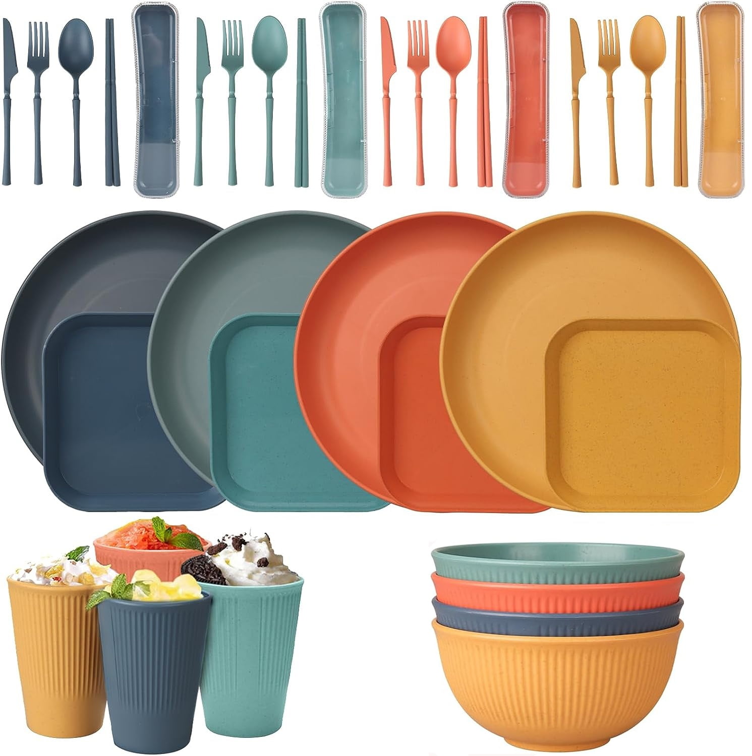 PandaTop Wheat Straw Dinnerware Sets, 36Pcs Dishes Dinnerware Sets Microwave and Dishwasher Safe, Reusable Lightweight Tableware Set, Premium Dinner Plates Kids Plates and Bowls Sets for 4 People