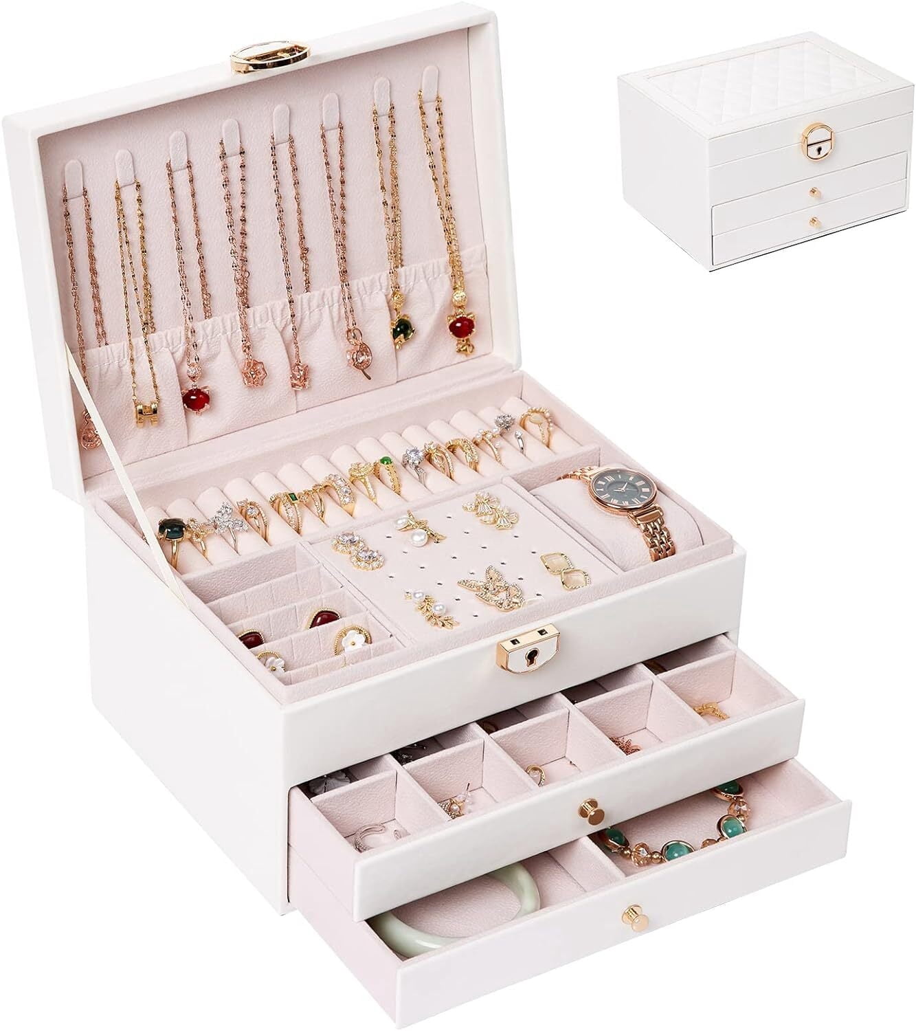 PandaTop White Jewelry Box for Women Girl - Large Jewelry Organizers and Storage with Three Layers Display,Lockable Jewelry Holder for Earrings Bracelets Rings Watches,Christmas Gift for Women
