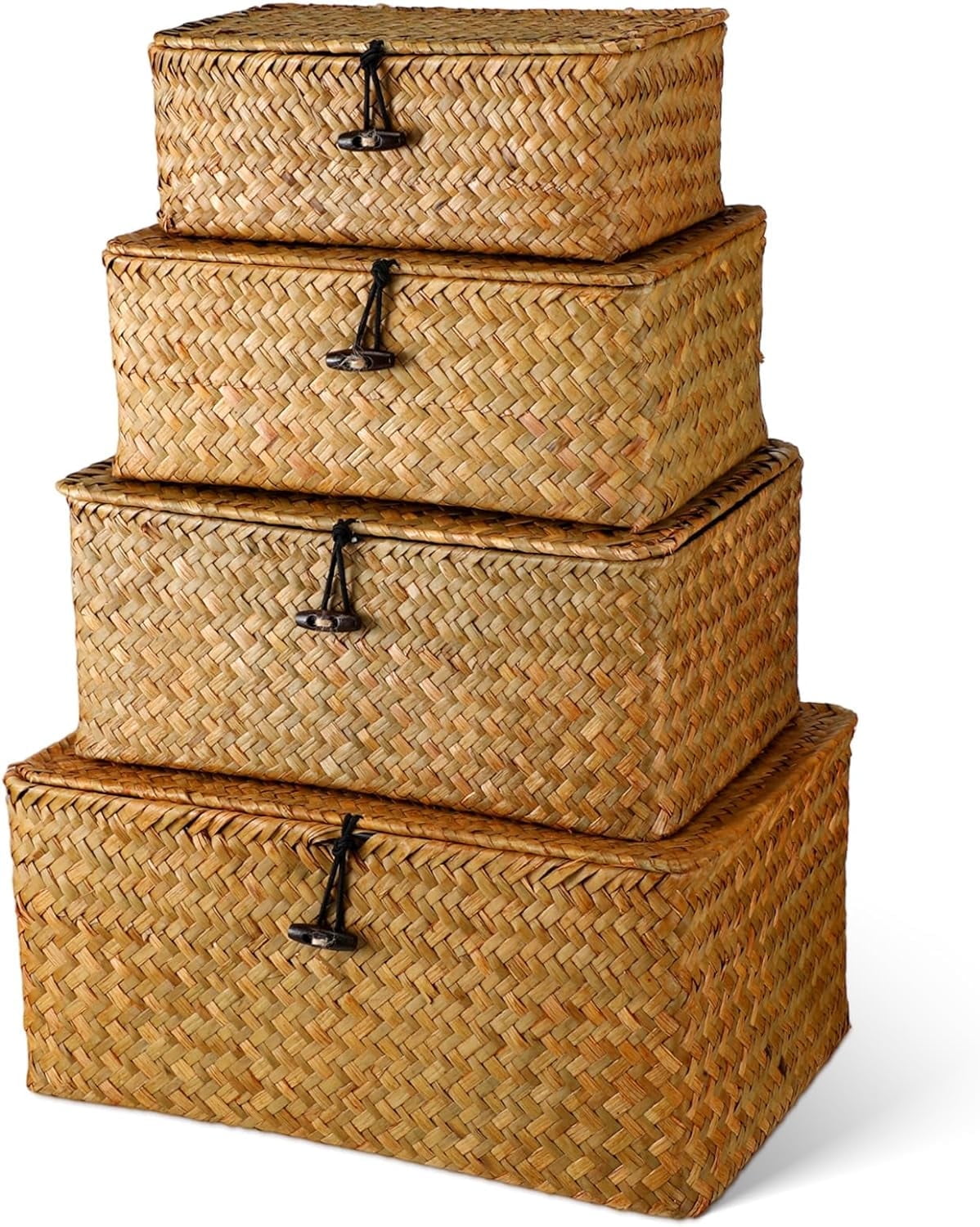 PandaTop Wicker Basket with Lid, Wicker Storage Basket for Home, Handwoven Basket for Décor, Rectangular Home Organizer Gift Boxes for Shelves, Nursery Room(9"+10"+11"+12.6")
