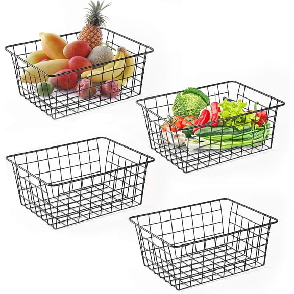 PandaTop Wire Storage Baskets with Handles, 4 Pack Metal Organizer Baskets for Kitchen, Premium Metal Storage Organizer Basket,Bathroom Baskets for Organizing,Laundry Basket(Black,Small)