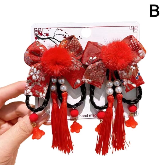 PandaXun Chinese New Year Hair Clips for Girls,Antique Red Hairpin Bows Tassels Hair Clips,Chinoiserie Tassel Hair Barrettes Hairpins for Spring Festival Hair Accessories