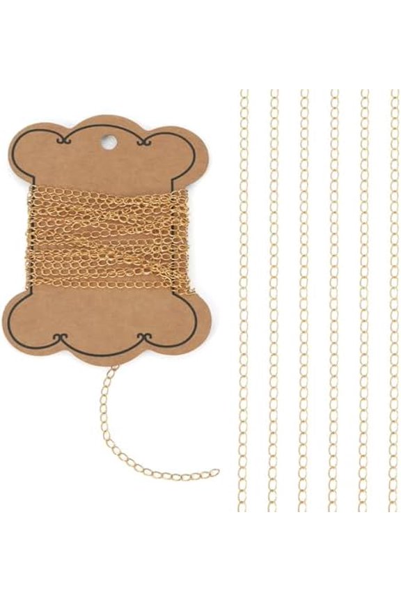 Pandahall 8.2 Feet 24K Gold Plated Curb Chains 4x2.5x0.4mm Brass Oval Link Necklace Chain Unwelded Golden Chains for Permanent Making with Card Paper