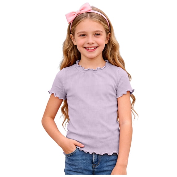 Pandaie 0-10 Years Toddler Girls' Short Sleeve Shirts Baby Girl Ribbed Lettuce Trim Basic Tops Crewneck Casual Summer Tees Blouse
