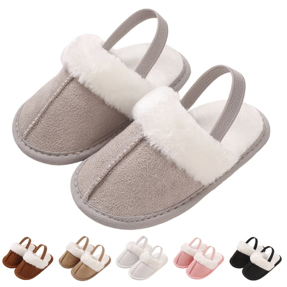 Dakaela 0-15M Infant Baby Boys Girls Slippers Cozy Fleece Lined House Shoes Newborn Non Slip Fuzzy Plush Slides with Back Strap Black