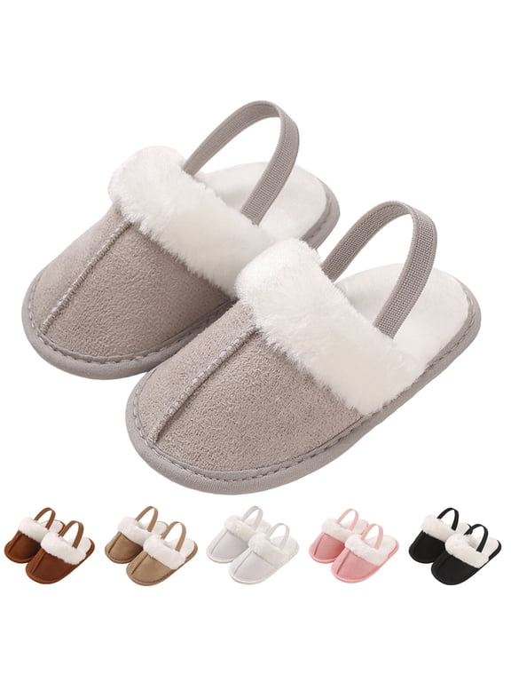 0-15M Infant Baby Boys Girls Slippers Cozy Fleece Lined House Shoes Newborn Non Slip Fuzzy Plush Slides with Back Strap Black