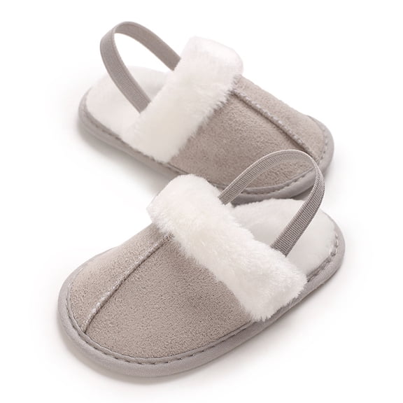Dakaela 0-15M Infant Baby Boys Girls Slippers Cozy Fleece Lined House Shoes Newborn Non Slip Fuzzy Plush Slides with Back Strap Grey