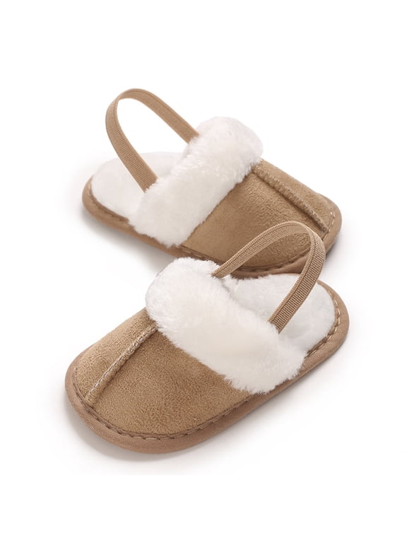 0-15M Infant Baby Boys Girls Slippers Cozy Fleece Lined House Shoes Newborn Non Slip Fuzzy Plush Slides with Back Strap Khaki