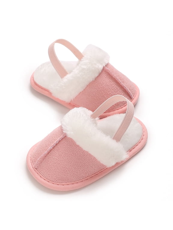 0-15M Infant Baby Boys Girls Slippers Cozy Fleece Lined House Shoes Newborn Non Slip Fuzzy Plush Slides with Back Strap Pink