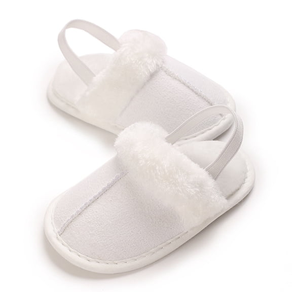 Dakaela 0-15M Infant Baby Boys Girls Slippers Cozy Fleece Lined House Shoes Newborn Non Slip Fuzzy Plush Slides with Back Strap White