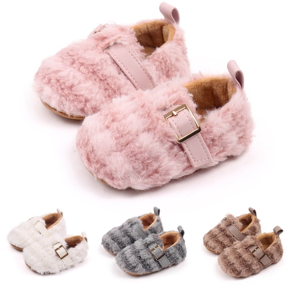 Dakaela 0-15M Toddler Slippers Boys Girls House Shoes Kids Winter Warm Non Slip Fuzzy Walking Clogs Buckle Indoor Outdoor Shoes Grey