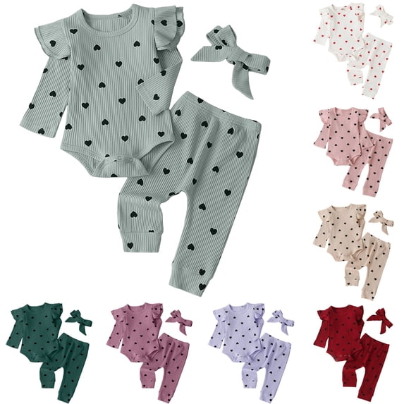 Pandaie 0-18M Baby Girls Clothes Newborn Infant Long Sleeve Ruffle Romper Pants Headband Sets Ribbed Fall Winter Clothing Outfits Beige