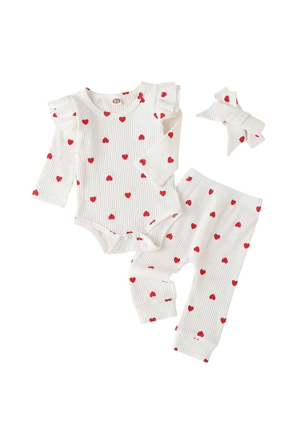 0-18M Baby Girls Clothes Newborn Infant Long Sleeve Ruffle Romper Pants Headband Sets Ribbed Fall Winter Clothing Outfits White