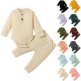 thumbnail image 1 of Pandaie 0-2T Newborn Baby Boy Girl Clothes Button Long Sleeve Romper Bodysuit Pants Set Infant Ribbed Fall Winter Outfits Army Green, 1 of 4