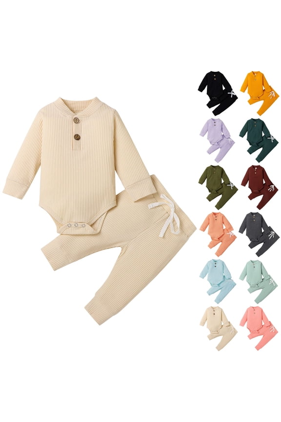 0-2T Newborn Baby Boy Girl Clothes Button Long Sleeve Romper Bodysuit Pants Set Infant Ribbed Fall Winter Outfits Army Green