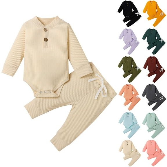 Pandaie 0-2T Newborn Baby Boy Girl Clothes Button Long Sleeve Romper Bodysuit Pants Set Infant Ribbed Fall Winter Outfits Army Green