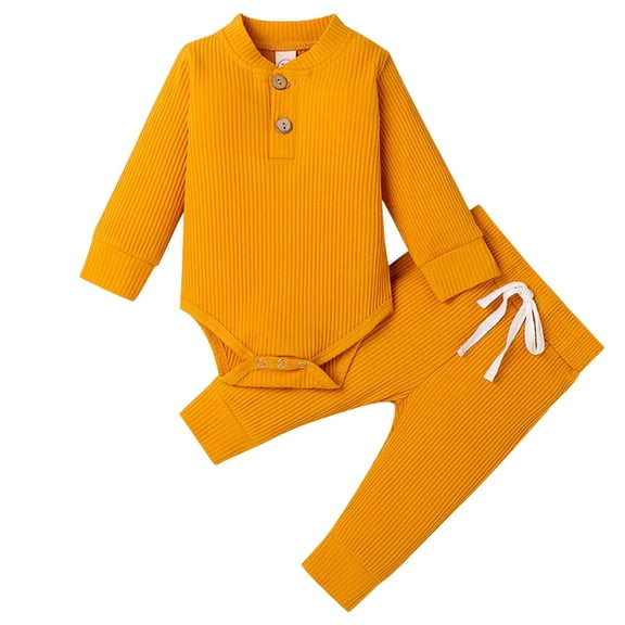 Pandaie 0-2T Newborn Baby Boy Girl Clothes Button Long Sleeve Romper Bodysuit Pants Set Infant Ribbed Fall Winter Outfits Yellow