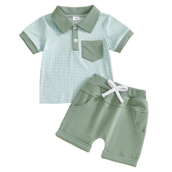 Pandaie 0-3Y Baby Boys Summer Clothes 2 Piece Toddler Infant Button Down T-Shirts Shorts Set Newborn Outfits with Pocket Green