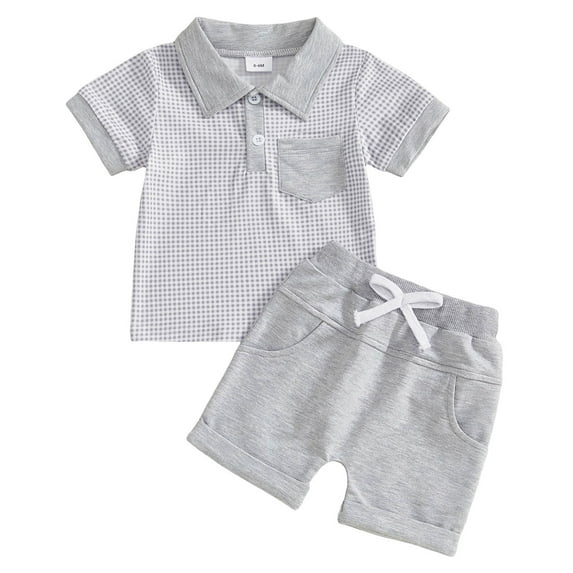 Pandaie 0-3Y Baby Boys Summer Clothes 2 Piece Toddler Infant Button Down T-Shirts Shorts Set Newborn Outfits with Pocket Grey