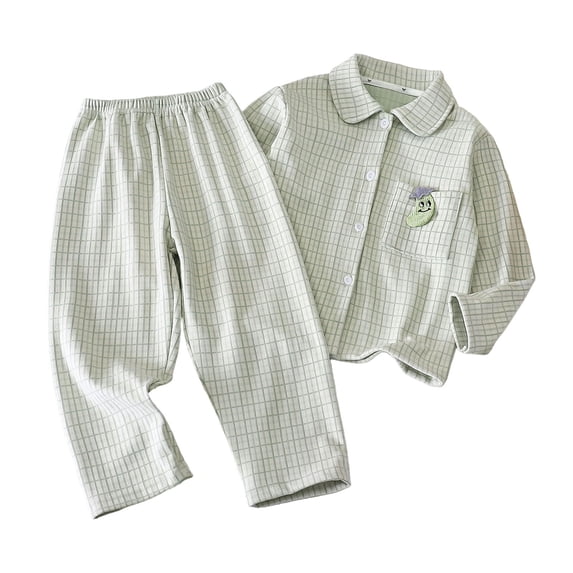 Pandaie 1-10T Toddler Baby Girl Plaid Collar Pajama Set Boys Long Sleeve Sleepwear 2 Piece Set Kid Cotton Loungewear Green,1-2 Years