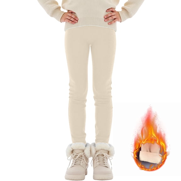 Pandaie 1-14T Girls Fleece Lined Leggings Winter Warm Soft Thermal Pants Full Length Kids Tights Trousers Clothes Beige 5-6 Years