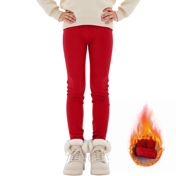 Pandaie 1-14T Girls Fleece Lined Leggings Winter Warm Soft Thermal Pants Full Length Kids Tights Trousers Clothes Red 9-10 Years