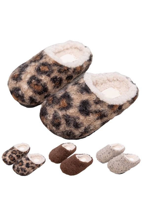 1-8Y Girls House Slippers Cozy Leopard Plush Slip on Bedroom Shoes Toddler Kids Memory Foam Indoor Outdoor Fuzzy Slides Beige