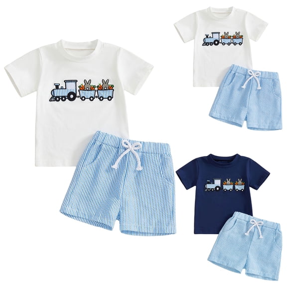Pandaie 12M-4Y Baby Boy Easter Outfit Short Sleeve Rabbit Carrot T-shirt Casual Stripeded Shorts Set Kids Summer Clothing Blue