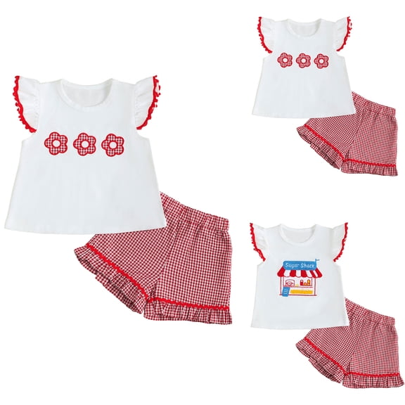 Pandaie 12M-4Y Toddler Baby Girl Summer Clothes Ruffle Sleeveless T-Shirt Tops Plaid Shorts Kids Beach Cute Outfit Set Blue