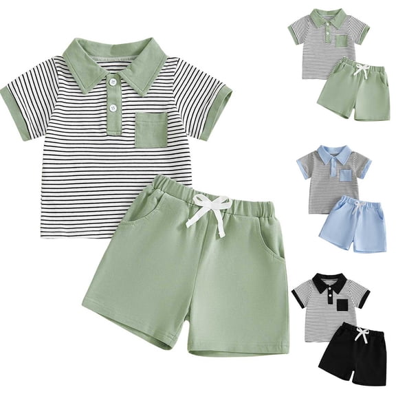 Pandaie 18M-5Y Baby Toddler Boy Summer Outfits Stripes Button Down Shirt Tops Casual Shorts Clothes Sets with Chest Pocket Black