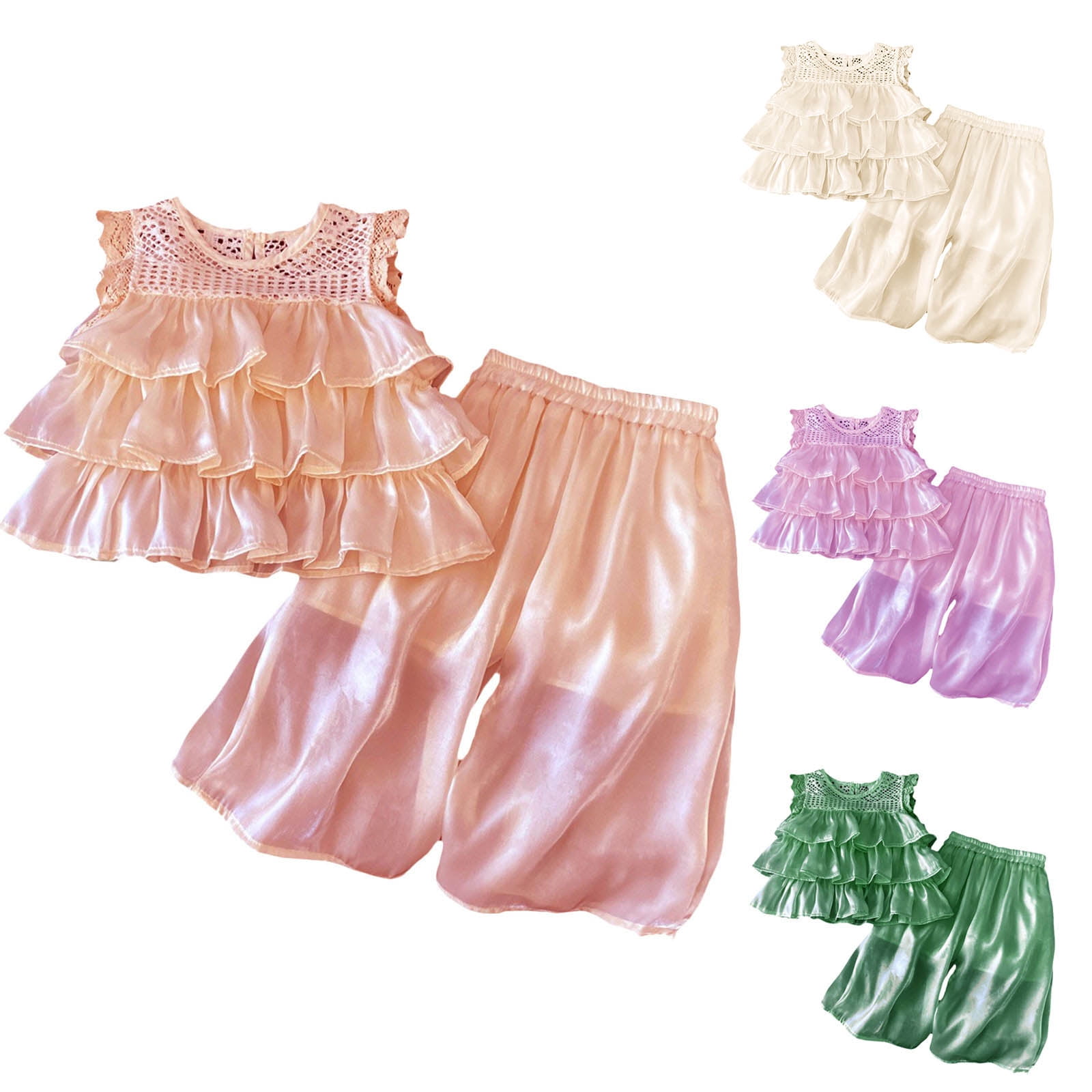 Pandaie 2-10Y Baby Girl Clothes Ruffle Smocked Sleeveless 3 Layered Tutu Shirt Tops Wide Leg Baggy Pants Toddler Summer Beach Outfit Green 140(9-10 Years)