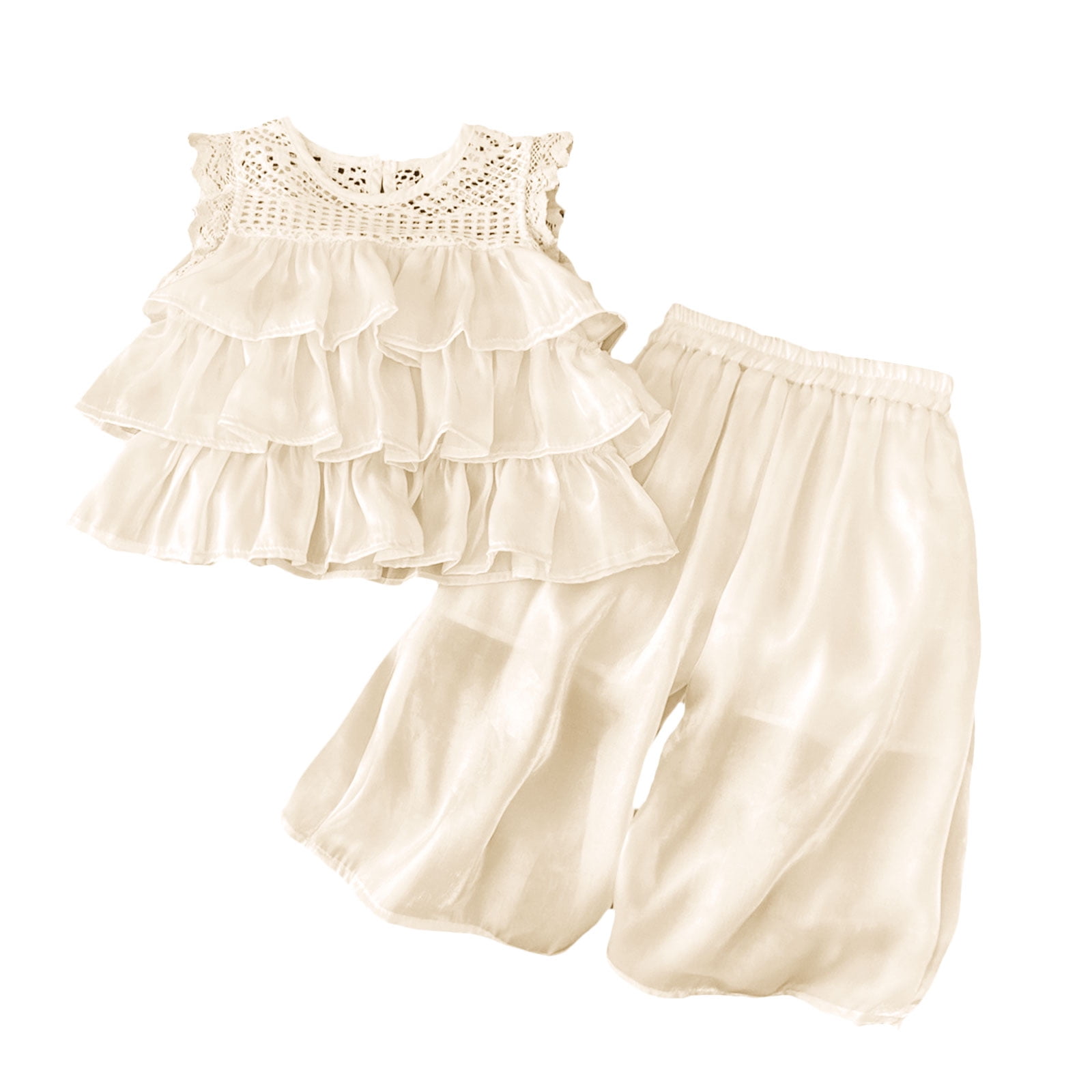 Pandaie 2-10Y Baby Girl Clothes Ruffle Smocked Sleeveless 3 Layered Tutu Shirt Tops Wide Leg Baggy Pants Toddler Summer Beach Outfit White 110(4-5 Years)