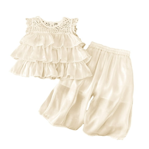 Pandaie 2-10Y Baby Girl Clothes Ruffle Smocked Sleeveless 3 Layered Tutu Shirt Tops Wide Leg Baggy Pants Toddler Summer Beach Outfit White 120(5-6 Years)