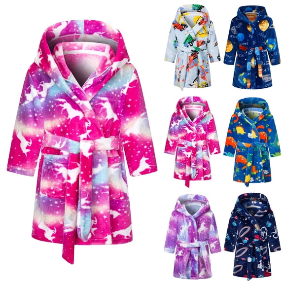Pandaie 2-12T Boys Girls Robe Kids Fleece Flannel Soft Hooded Bathrobes Toddler Cartoon Plush Pajamas Sleepwear Blue