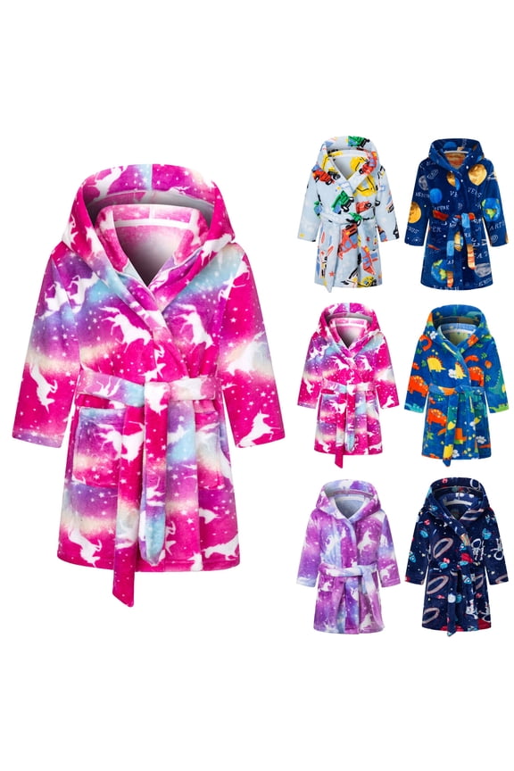 2-12T Boys Girls Robe Kids Fleece Flannel Soft Hooded Bathrobes Toddler Cartoon Plush Pajamas Sleepwear Blue