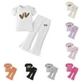thumbnail image 1 of Pandaie 2-8Y Girl's 2 Piece Outfit Ruffle Short Sleeve Shirt Tops Bell Bottom Flared Wide Leg Sweatpants Summer Clothing Set Beige 100(2-3 Years), 1 of 5