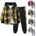 thumbnail image 1 of Pandaie 2Pcs Boys Girls Clothes Fashion Long Sleeve Hooded Sweatsuit Jogger Sweatpants Kids Flannel Plaid Button Fall Winter Outfits Sets Black 5-6 Years, 1 of 9