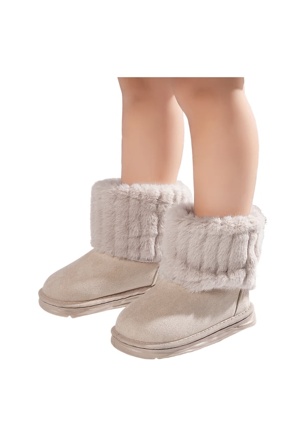 3-12Y Kids Boots Toddler Girls Slip on Plush Ankle Snow Booties Fold over Fleece Lined Winter Warm Outdoor Shoes Khaki