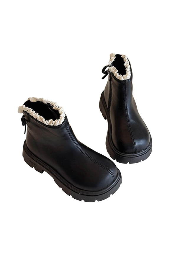 3-12Y Toddler Girls Ankle Boots Fashion Lace Leather Short Booties Little Kids Zipper Outdoor Chelsea Fall Winter Shoes Black