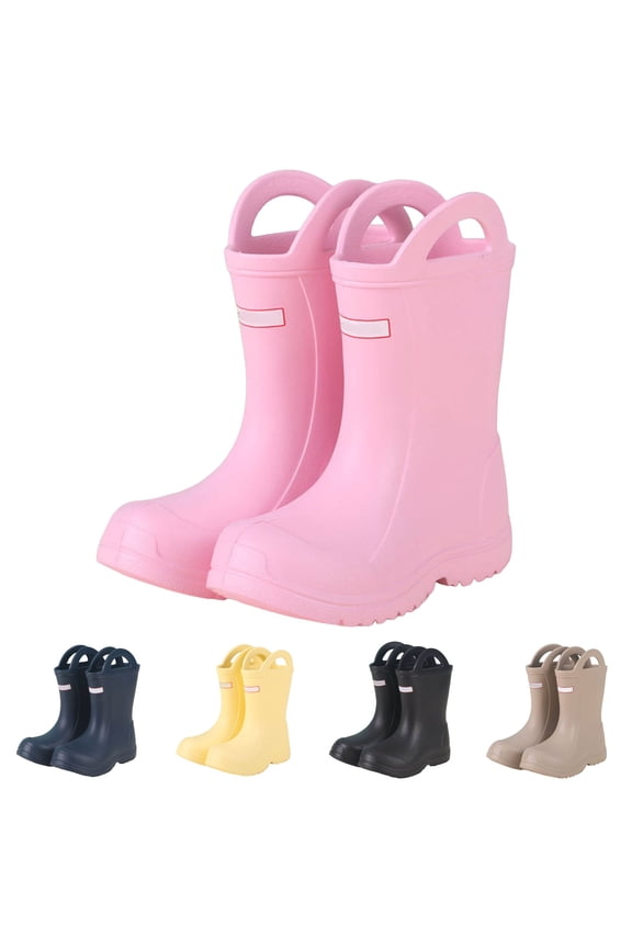 3-12Y Toddler Kids Rain Boots with Easy on HandlesBoys Girls Waterproof Rubber Rainboots Lightweight Outdoor Mud Garden Shoes Black