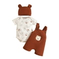thumbnail image 1 of Pandaie 3-18M Baby Boy Clothes Newborn Infant Suspender Ribbed Overalls Short Sleeve Shirt Romper Summer 3 Piece Outfits with Hat Coffee 6M(3-6 Months), 1 of 4
